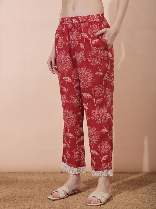 Globus Women Red All Over Floral Print Lace Instert V-Neck Bell Sleeves Straight Kurta With Pant Set