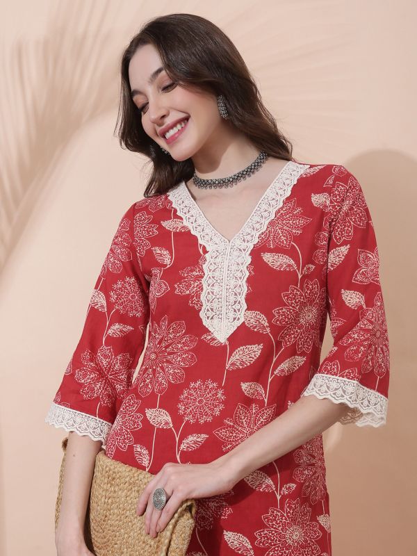 Globus Women Red All Over Floral Print Lace Instert V-Neck Bell Sleeves Straight Kurta With Pant Set