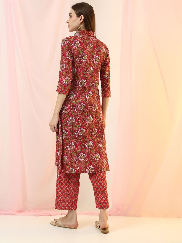 Globus Women Pink Collared Neck All Over Floral Print Thread Work Detail Straight Shirt Style Kurta with Pants Set