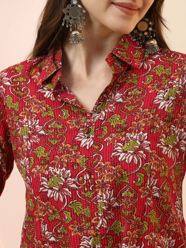 Globus Women Pink Collared Neck All Over Floral Print Thread Work Detail Straight Shirt Style Kurta with Pants Set
