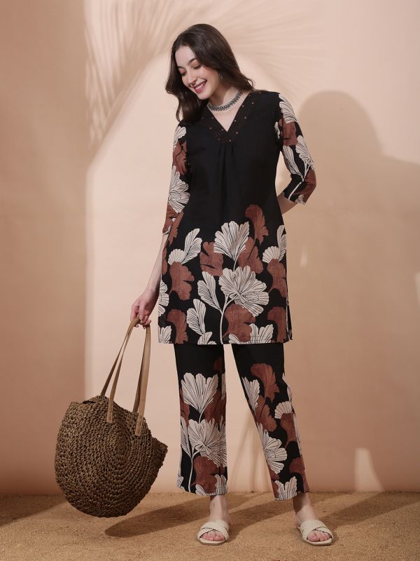 Globus Women Black V-Neck Thread Embroidered Gathered Detail Floral Printed Kurta With Printed Trouser Set