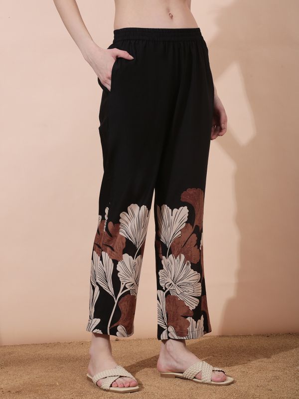 Globus Women Black V-Neck Thread Embroidered Gathered Detail Floral Printed Kurta With Printed Trouser Set