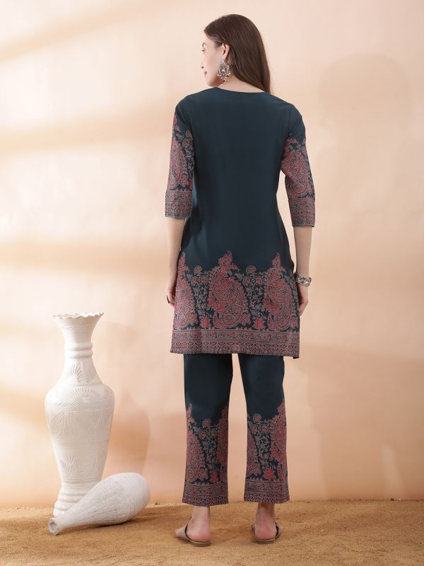 Globus Women Teal V-Neck Thread Embroidered Gathered Detail Paisley Printed Kurta With Printed Trouser Set