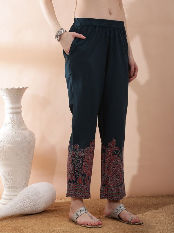 Globus Women Teal V-Neck Thread Embroidered Gathered Detail Paisley Printed Kurta With Printed Trouser Set