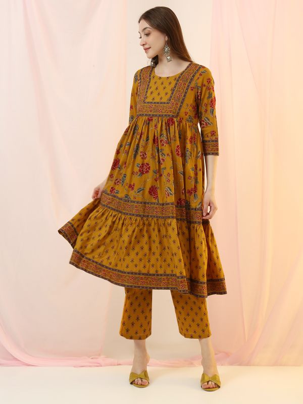 Globus Women Mustard Round Neck All Over Floral Print Flared Hem A-Line Kurta with Pant Set
