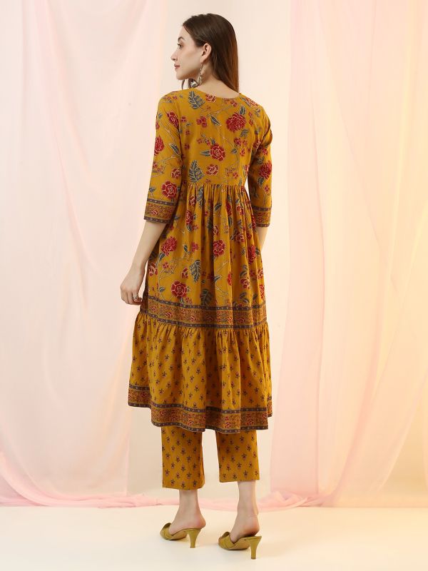 Globus Women Mustard Round Neck All Over Floral Print Flared Hem A-Line Kurta with Pant Set