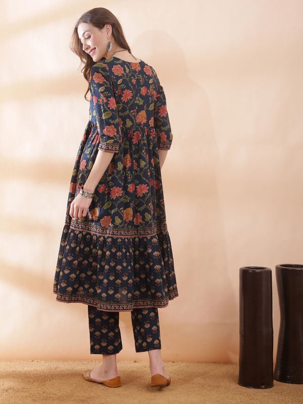 Globus Women Navy Blue Allover Floral Printed Gathered & Pleated Detail Fared Hem A-Line Kurta With Printed Pant Set