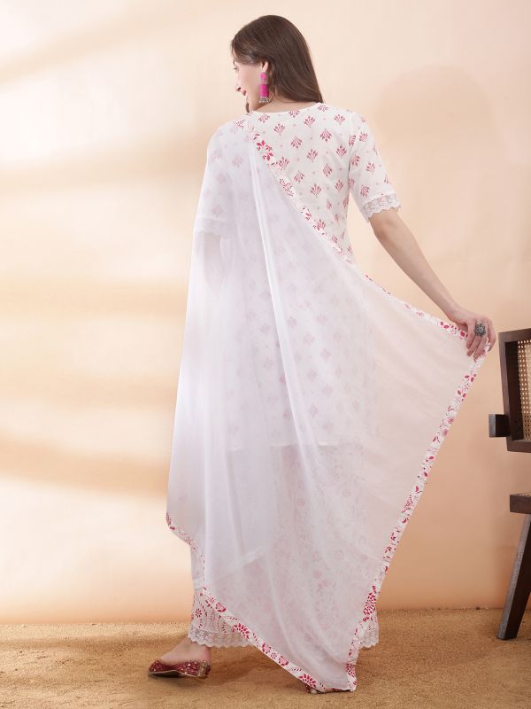 Globus Women Pink V-Neck Scalloped Lace Hem Sleeves Ethnic Print Straight Kurti With Palazzos & Dupatta Set