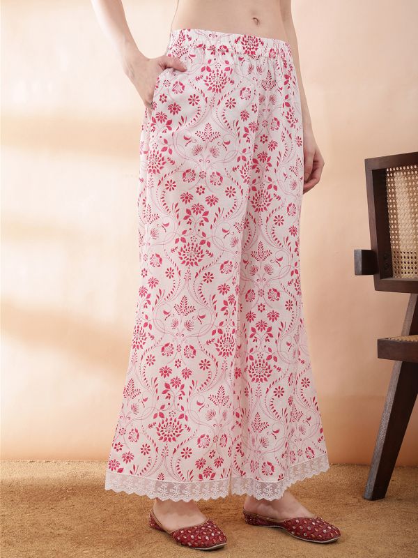 Globus Women Pink V-Neck Scalloped Lace Hem Sleeves Ethnic Print Straight Kurti With Palazzos & Dupatta Set