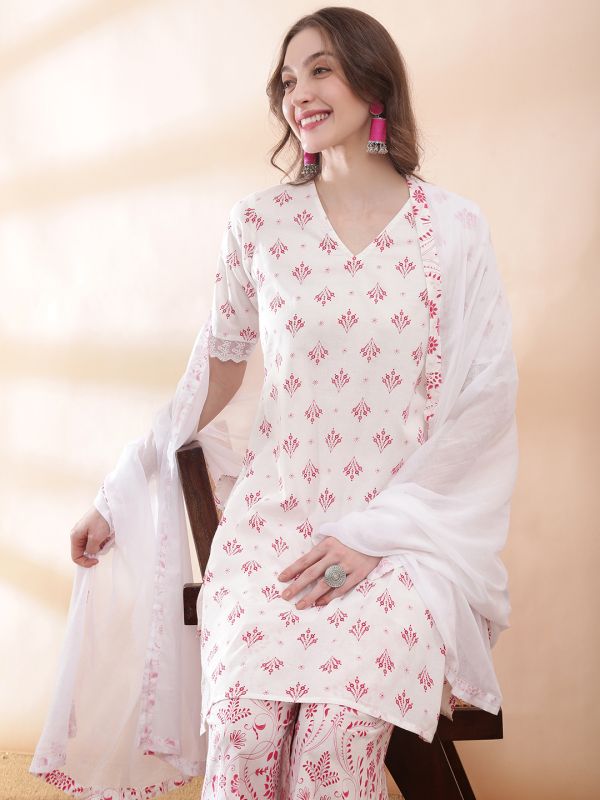 Globus Women Pink V-Neck Scalloped Lace Hem Sleeves Ethnic Print Straight Kurti With Palazzos & Dupatta Set