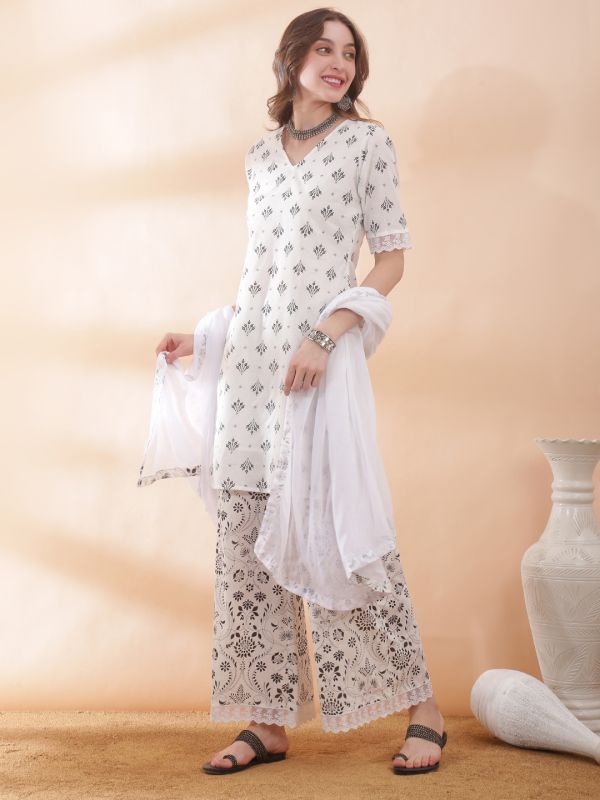 Globus Women Black V-Neck Scalloped Lace Hem Sleeves Ethnic Print Straight Kurti With Palazzos & Dupatta Set