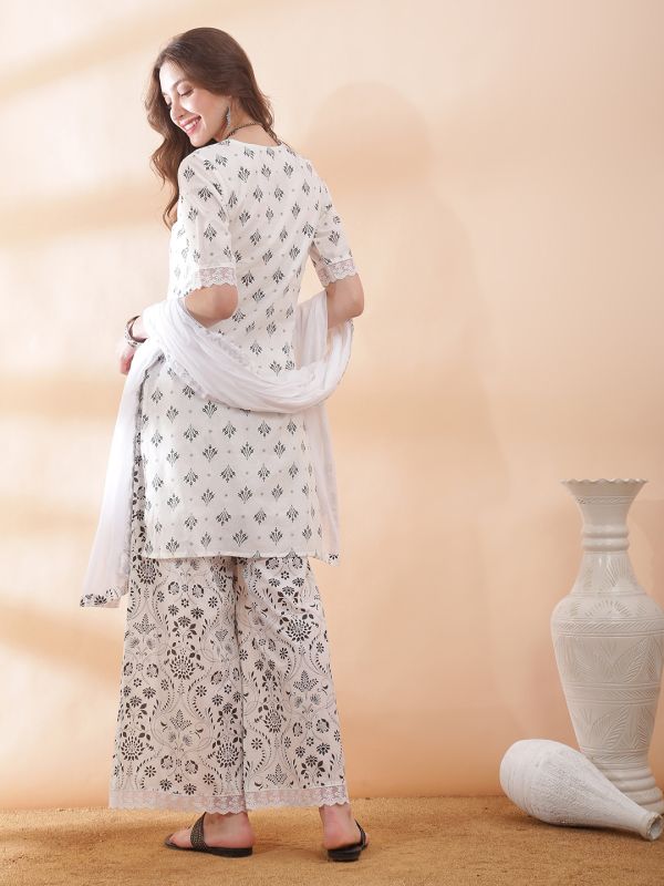 Globus Women Black V-Neck Scalloped Lace Hem Sleeves Ethnic Print Straight Kurti With Palazzos & Dupatta Set