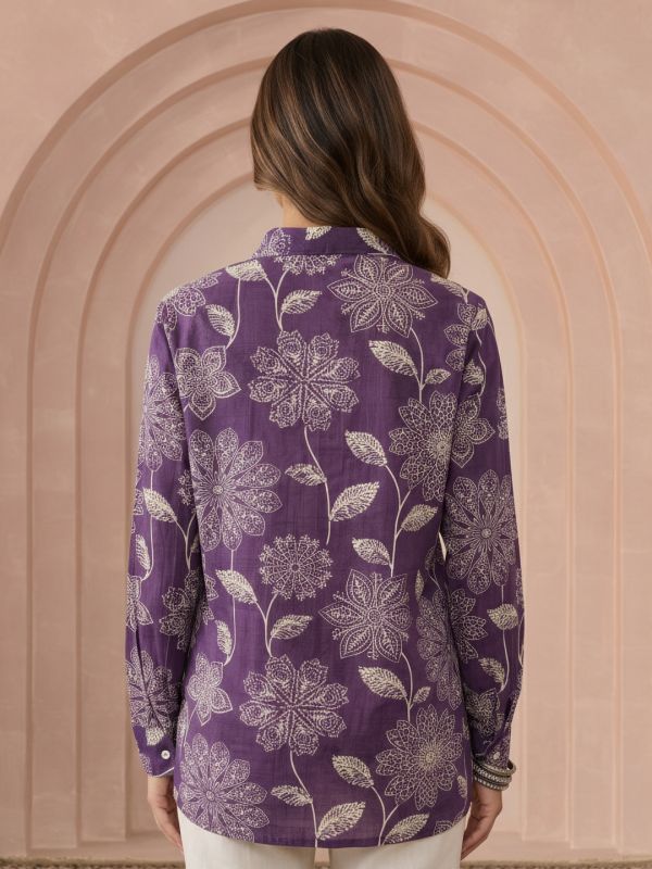 Globus Women Purple Collared Neck Cuffed Sleeves Floral Print Shirt Style Tunic 