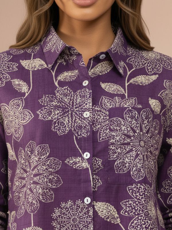 Globus Women Purple Collared Neck Cuffed Sleeves Floral Print Shirt Style Tunic 