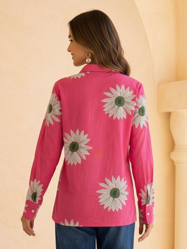 Globus Women Pink Collared Neck Cuffed Sleeves Floral Print Shirt Style Tunic