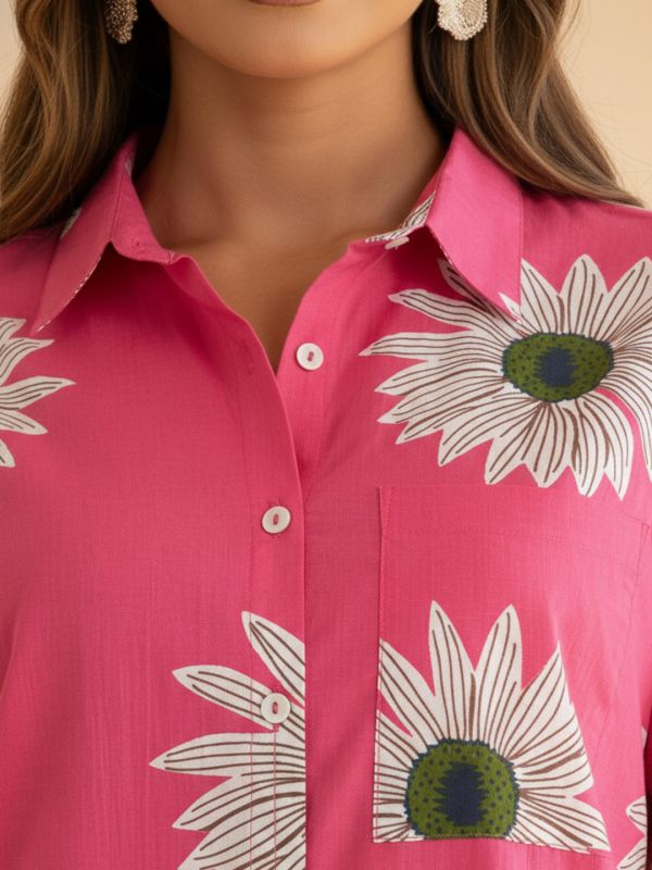 Globus Women Pink Collared Neck Cuffed Sleeves Floral Print Shirt Style Tunic