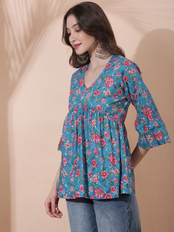 Globus Women Blue Floral Print V-Neck Bell Sleeve Gathered A-Line Alia Cut Tunic