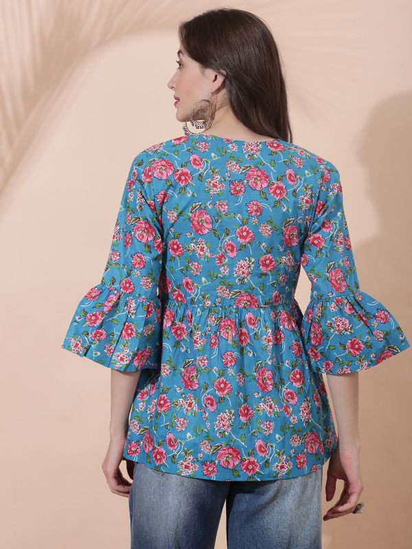 Globus Women Blue Floral Print V-Neck Bell Sleeve Gathered A-Line Alia Cut Tunic