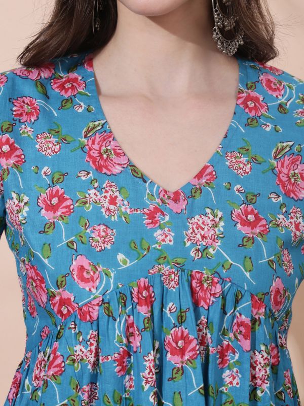 Globus Women Blue Floral Print V-Neck Bell Sleeve Gathered A-Line Alia Cut Tunic