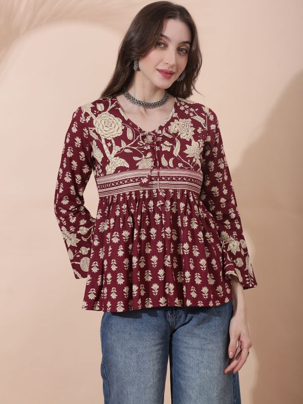 Globus Women Maroon Floral Print V-Neck Tie Up Detail Bell Sleeves Tunic