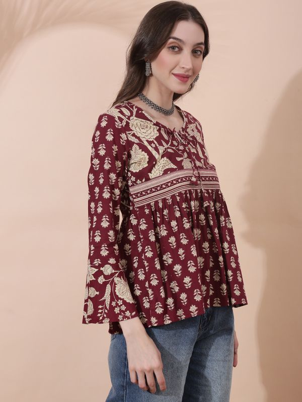 Globus Women Maroon Floral Print V-Neck Tie Up Detail Bell Sleeves Tunic