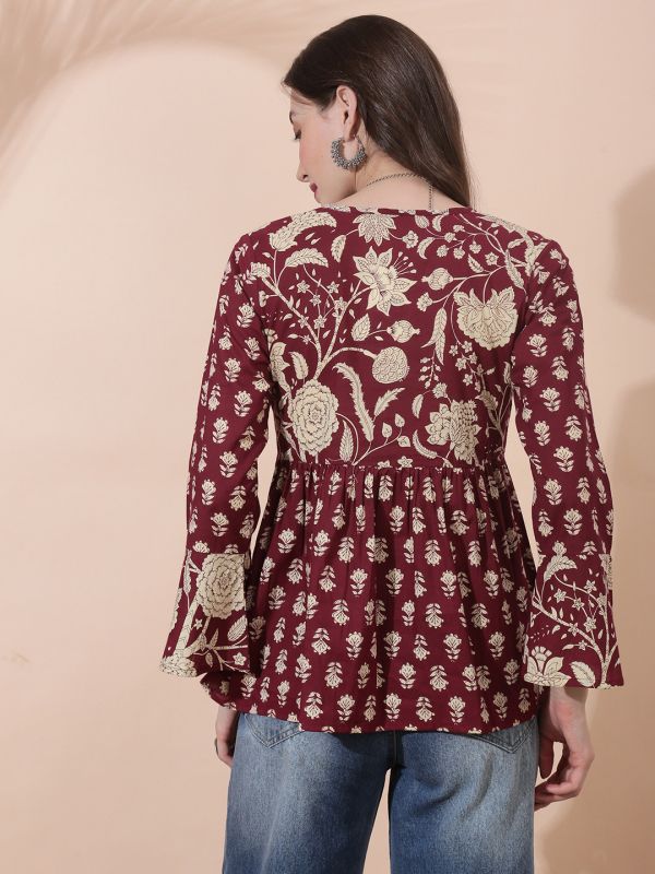 Globus Women Maroon Floral Print V-Neck Tie Up Detail Bell Sleeves Tunic