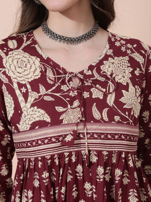 Globus Women Maroon Floral Print V-Neck Tie Up Detail Bell Sleeves Tunic