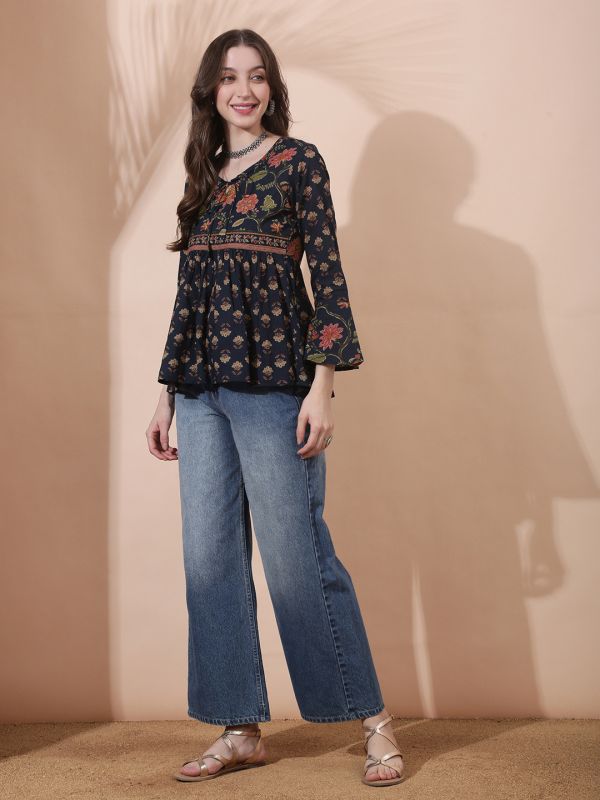 Globus Women Navy Blue Floral Print V-Neck Tie Up Detail Bell Sleeves Tunic