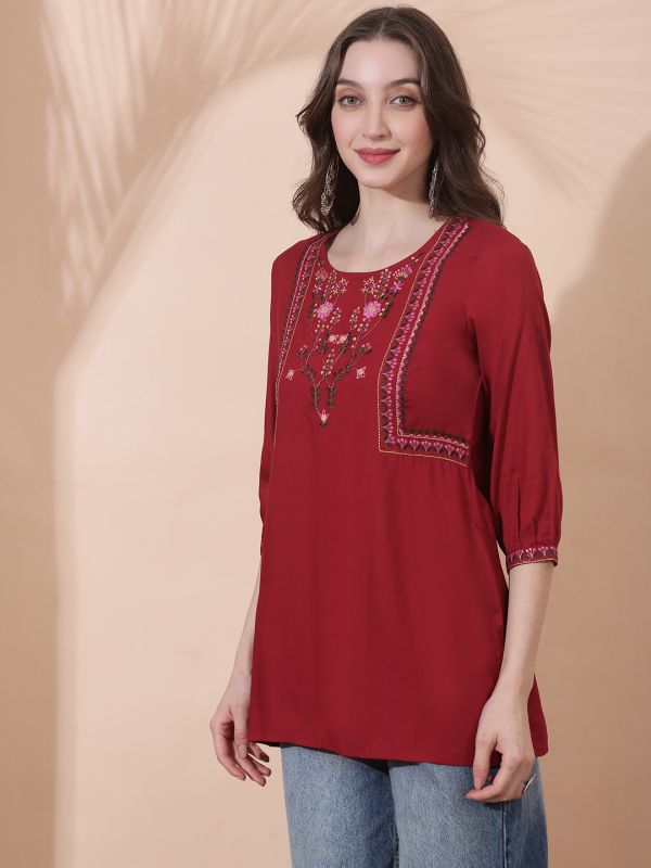 Globus Women Maroon Floral Embroidered Yoke Fusion Tunic