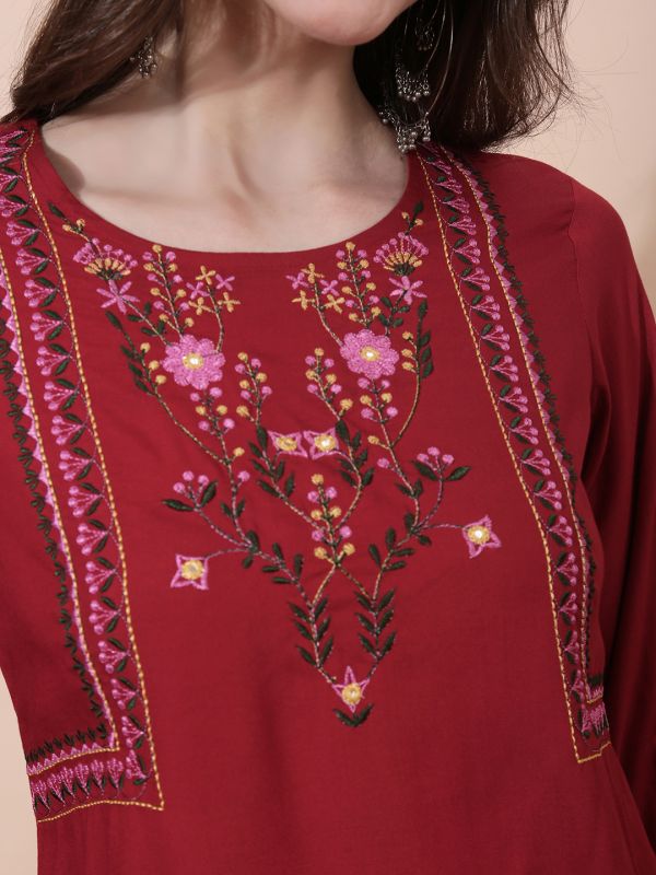 Globus Women Maroon Floral Embroidered Yoke Fusion Tunic