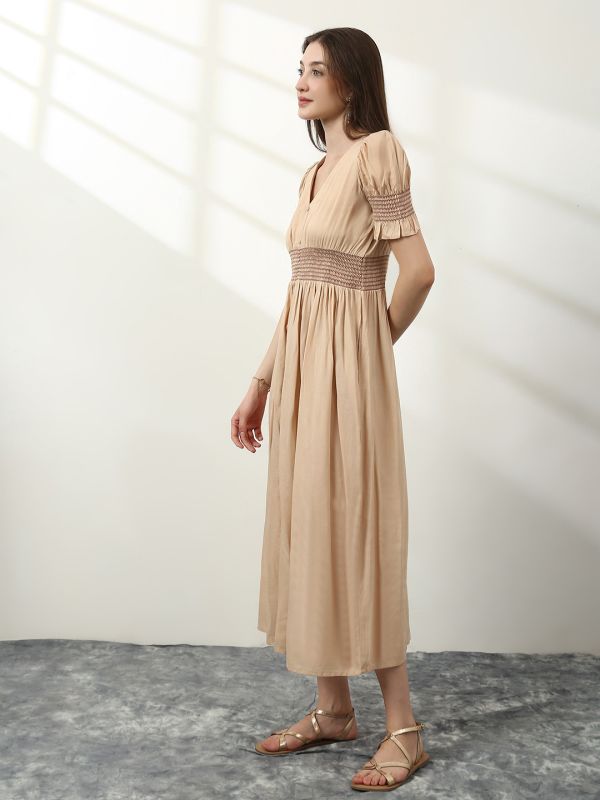 Globus Women Beige V-Neck Puff Sleeves Smocked Button Down Fit & Flare Midi Fusion Dress