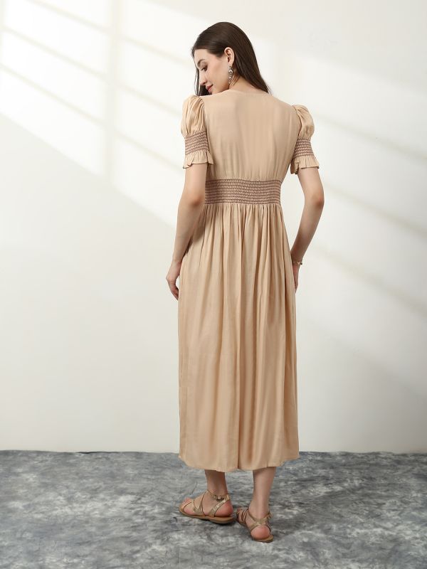 Globus Women Beige V-Neck Puff Sleeves Smocked Button Down Fit & Flare Midi Fusion Dress