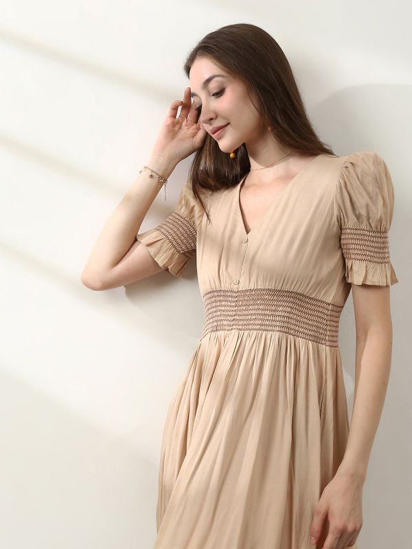 Globus Women Beige V-Neck Puff Sleeves Smocked Button Down Fit & Flare Midi Fusion Dress