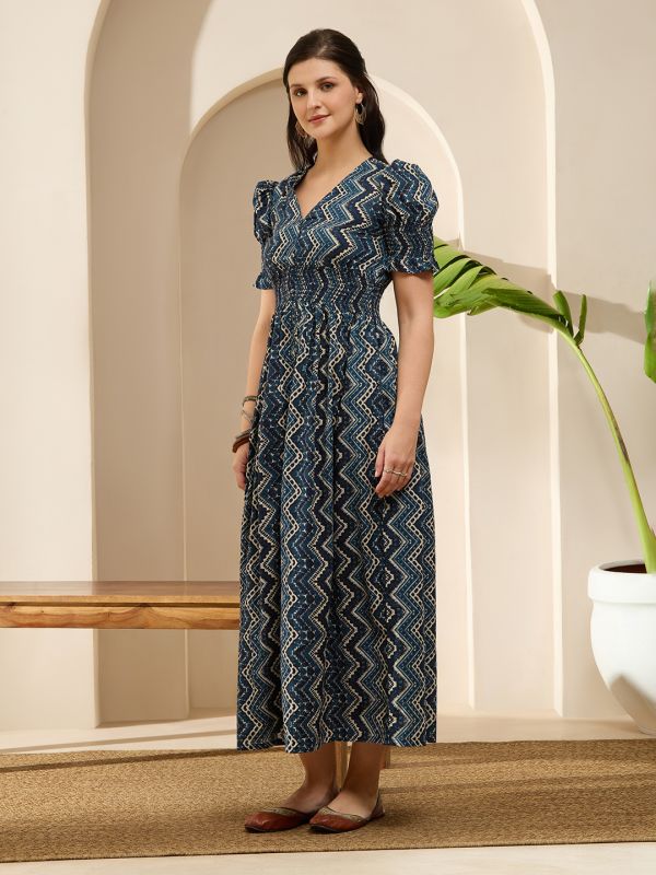 Globus Women Navy Blue V-Neck Puff Sleeves Geometric Print Smocked Button Down Fit & Flare Maxi Dress