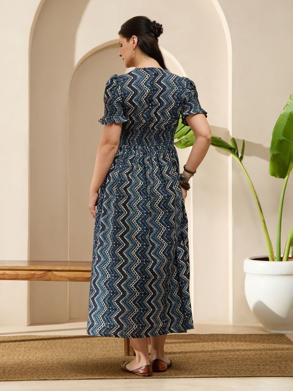 Globus Women Navy Blue V-Neck Puff Sleeves Geometric Print Smocked Button Down Fit & Flare Maxi Dress