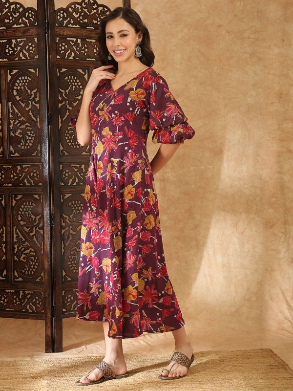 Globus Women Purple V-Neck Puff Sleeves Gold Foil Floral Print Flared Hem A-Line Midi Fusion Dress
