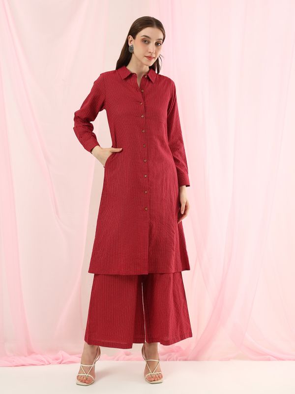 Globus Women Rust Collared Neck Striped Thread Work Detail Shirt Style Straight Kurta with Wide Leg Pants Fusion Set