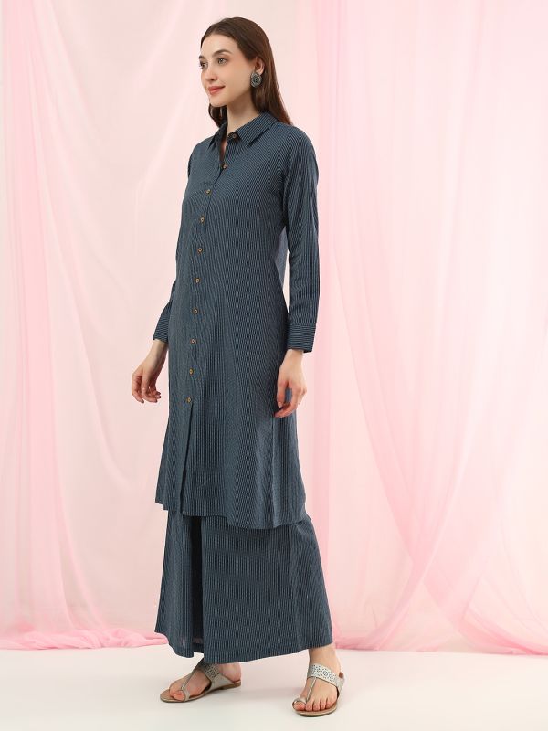 Globus Women Blue Collared Neck Striped Thread Work Detail Shirt Style Straight Kurta with Wide Leg Pants Fusion Set