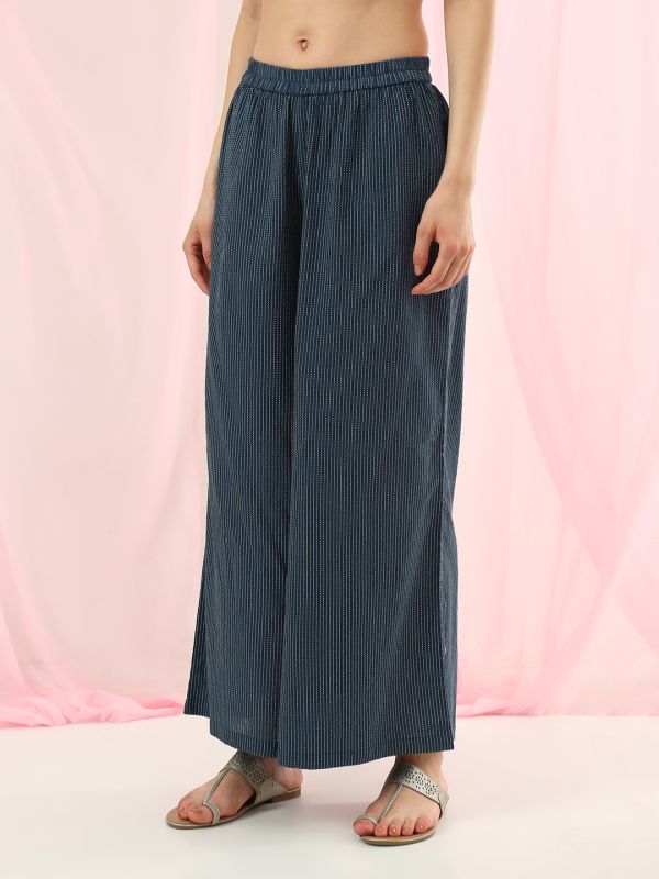 Globus Women Blue Collared Neck Striped Thread Work Detail Shirt Style Straight Kurta with Wide Leg Pants Fusion Set