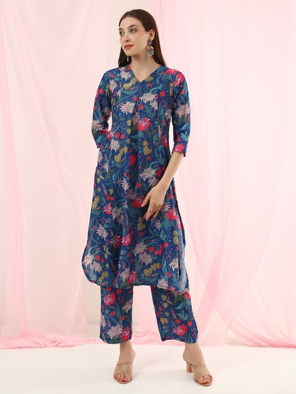 Globus Women Blue V-Neck All Over Floral Print Curved Hem A-Line Kurta with Pants Fusion Set
