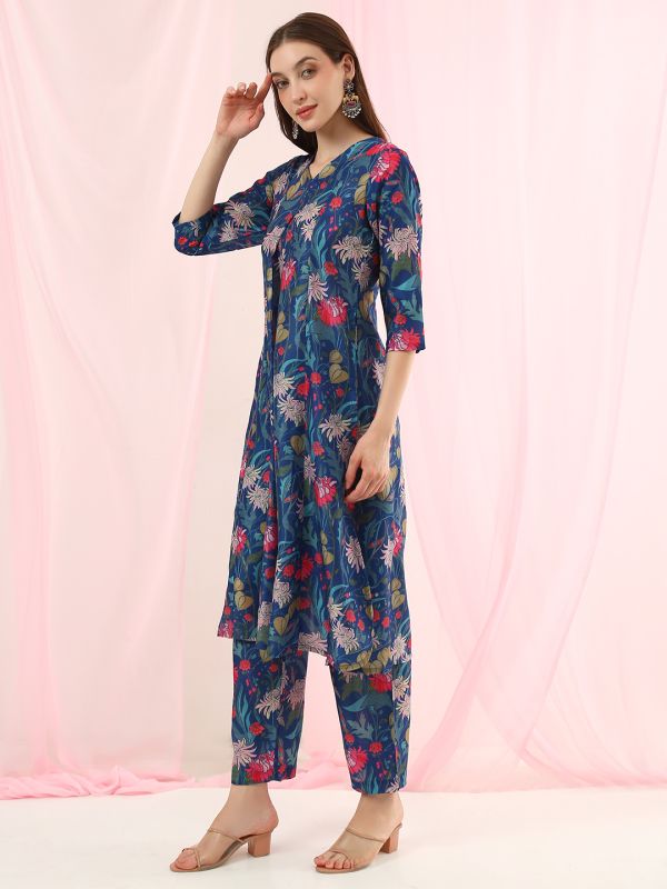 Globus Women Blue V-Neck All Over Floral Print Curved Hem A-Line Kurta with Pants Fusion Set