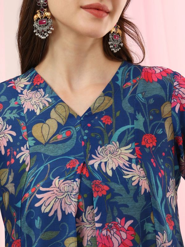 Globus Women Blue V-Neck All Over Floral Print Curved Hem A-Line Kurta with Pants Fusion Set
