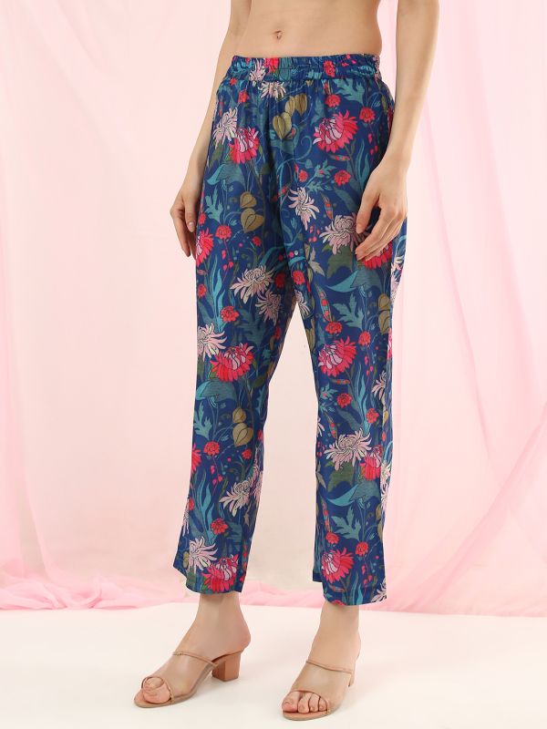 Globus Women Blue V-Neck All Over Floral Print Curved Hem A-Line Kurta with Pants Fusion Set