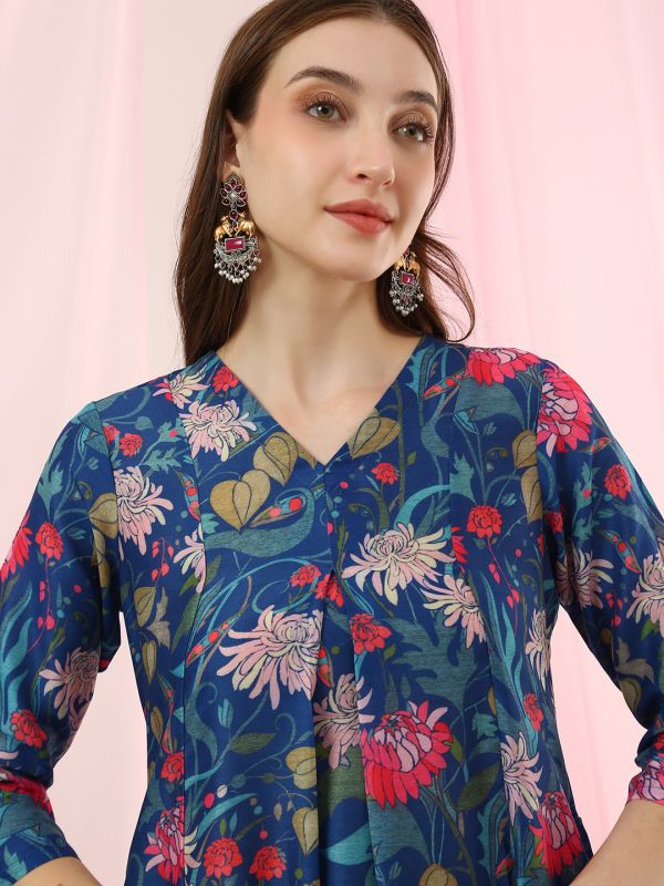 Globus Women Blue V-Neck All Over Floral Print Curved Hem A-Line Kurta with Pants Fusion Set