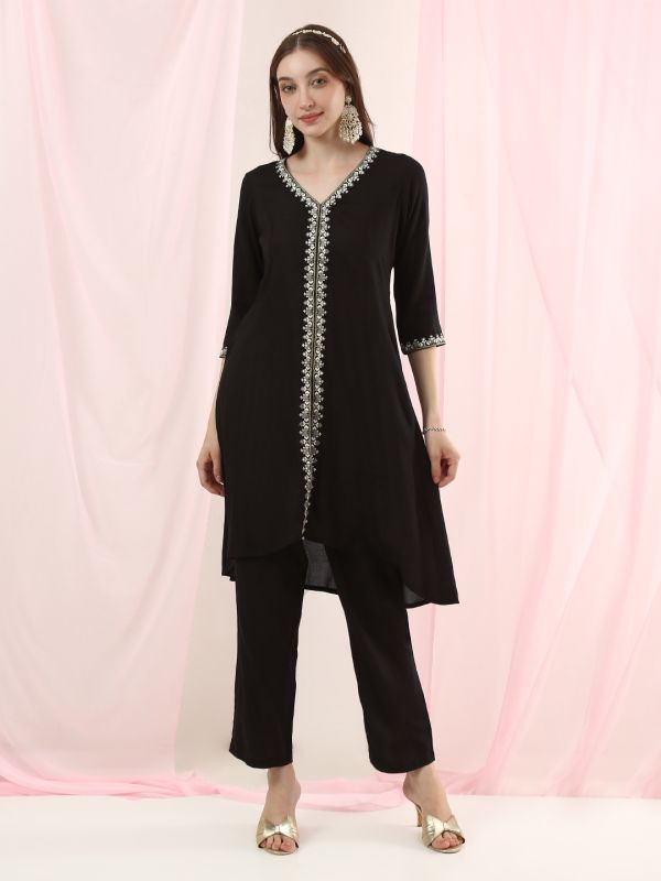 Globus Women Black V-Neck Embroidered & Mirror Work Detail High-Low Hem Front Slit A-Line Kurta with Pants Fusion Set