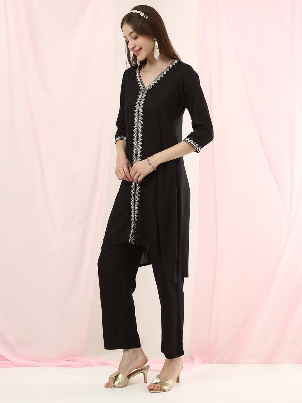 Globus Women Black V-Neck Embroidered & Mirror Work Detail High-Low Hem Front Slit A-Line Kurta with Pants Fusion Set