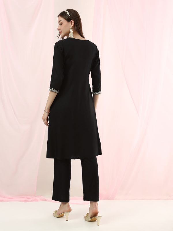 Globus Women Black V-Neck Embroidered & Mirror Work Detail High-Low Hem Front Slit A-Line Kurta with Pants Fusion Set