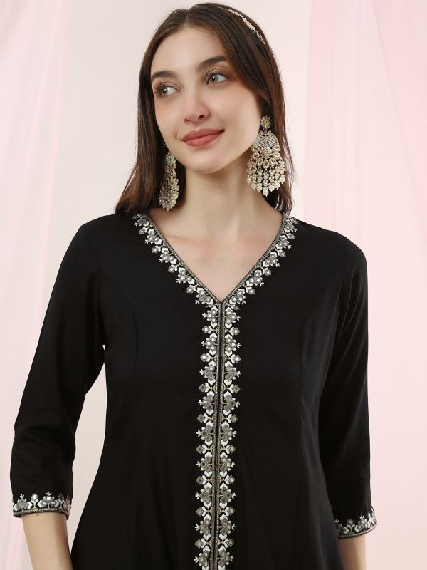 Globus Women Black V-Neck Embroidered & Mirror Work Detail High-Low Hem Front Slit A-Line Kurta with Pants Fusion Set