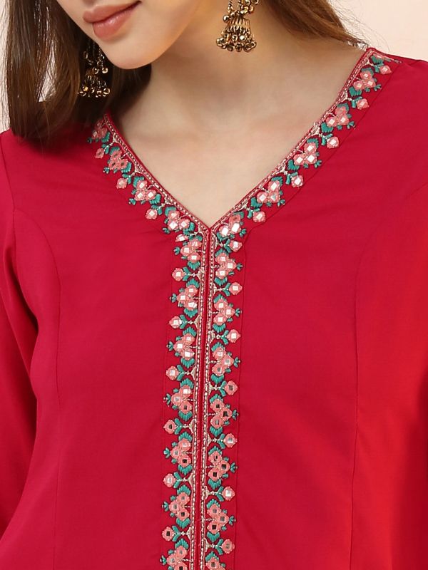 Globus Women Pink V-Neck Embroidered & Mirror Work Detail High-Low Hem Front Slit A-Line Kurta with Pants Fusion Set