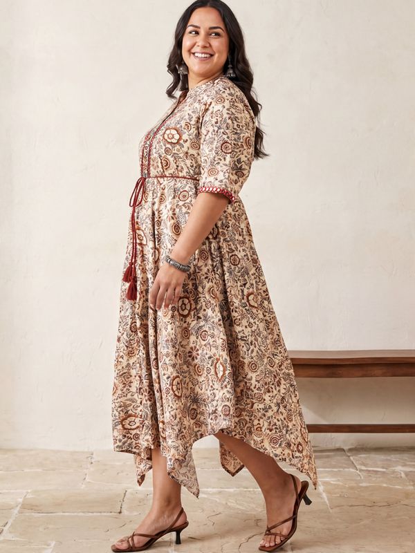 Globus Gloplus Women White Allover Floral Printed Mandarin Collar Embroidered Detail Waist Tie-Ups Asymmetric Hem Midi A-Line Plus Size Dress